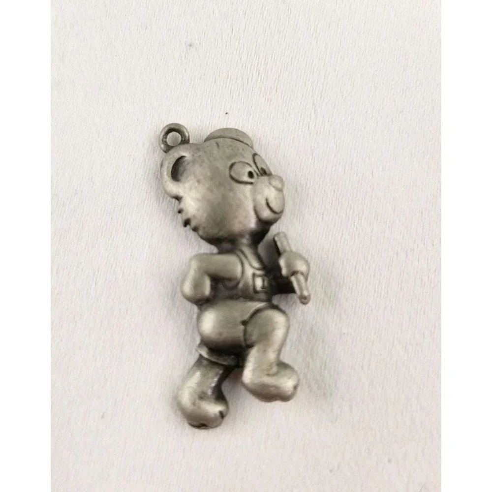 Vintage Pewter Track Bear Pendant Charm Necklace Bracelet Running Runner Baton